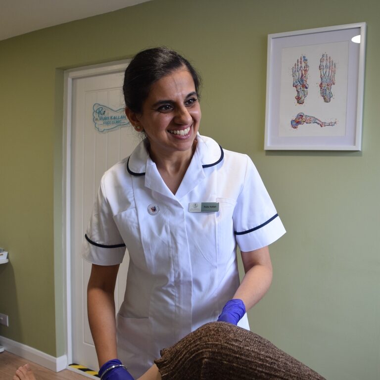 Ruby Kallah, podiatrist carrying out a bio assessment of a patient at Ruby Kallah Foot Clinic, Huntingdon